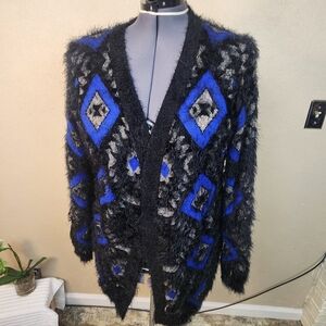 City Chic Black and Blue Geometric Metallic Fuzzy Cardigan 16 (8306)